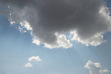 Blue sky on a sunny day with clouds in white and light grey.