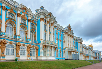 The Catherine Palace, located in the town of Tsarskoye Selo (Pushkin), Saint Petersburg, Russia. Tsarskoe selo, built for Empress Elizabeth by Bartolomeo Rastrelli. Russian residence of Romanov Tsars