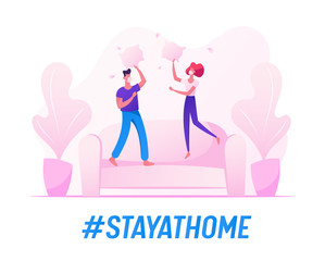 People Fooling, Having Fun during Quarantine Covid 19 Self Isolation at Home. Male and Female Characters Jumping on Sofa Fighting with Pillow, Couple Jump on Couch in Room. Cartoon Vector Illustration