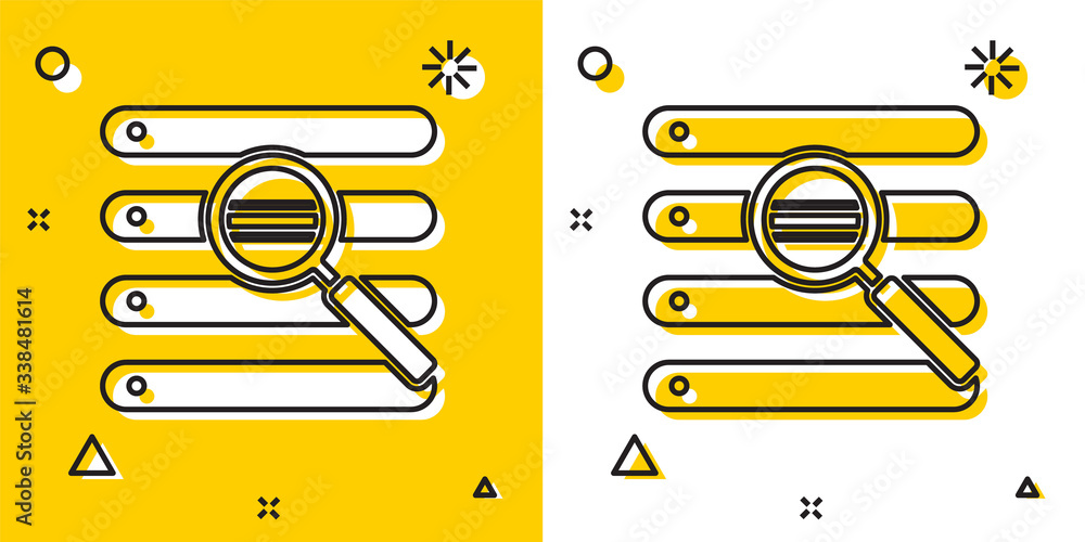 Poster black search in a browser window icon isolated on yellow and white background. random dynamic shapes