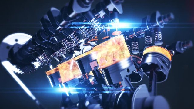 3D CG animation of a working V8 engine with start stop button. Pressing the button to start the car engine. Then camera zooming to a moving v8 engine in flames.