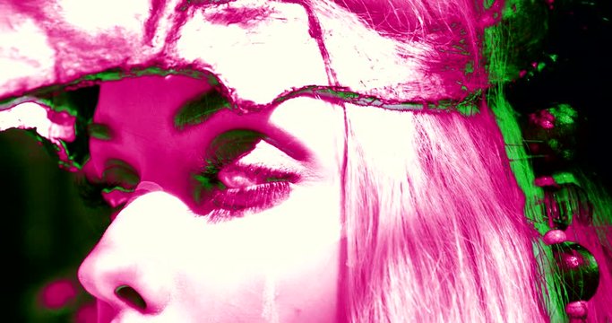 face of woman with walleye, closeup, scary movie concept, hallucinating visual effect