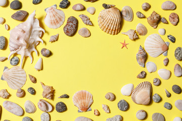 Seashells, starfish and sea rock frame on yellow background. Natural seashore textured surface, top view, copy space. Minimal simple summer time concept.