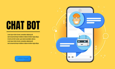 Сhat bot concept. Horizontal business banner template with illustration of man chatting with chat bot in smartphone. Website Template Cover with Place for Flat Style Text.