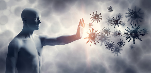 Man stopping coronavirus. Immune system defend from corona virus COVID-19. - obrazy, fototapety, plakaty