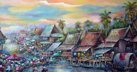 Obraz premium hand painted original impressionism masterpieces art painter painting oil color boating floating market thailand rural countryside dumnoen saduak academy gallery of art on canvas fragment of artwork