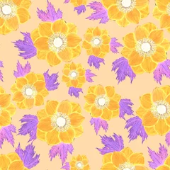 Gardinen Seamless pattern with hand drawn flowers: artichoke, orchid, cotton, poppy, tulip, eucalyptus. Bright spring or summer print for any purposes. Decorative floral pattern. Colorful nature background. © Natallia Novik