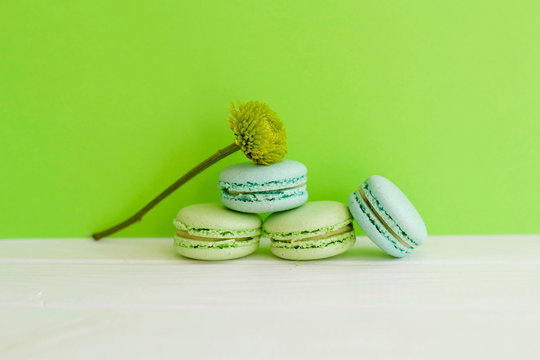 Bright picture of colorful different macaroons with flowers nearby