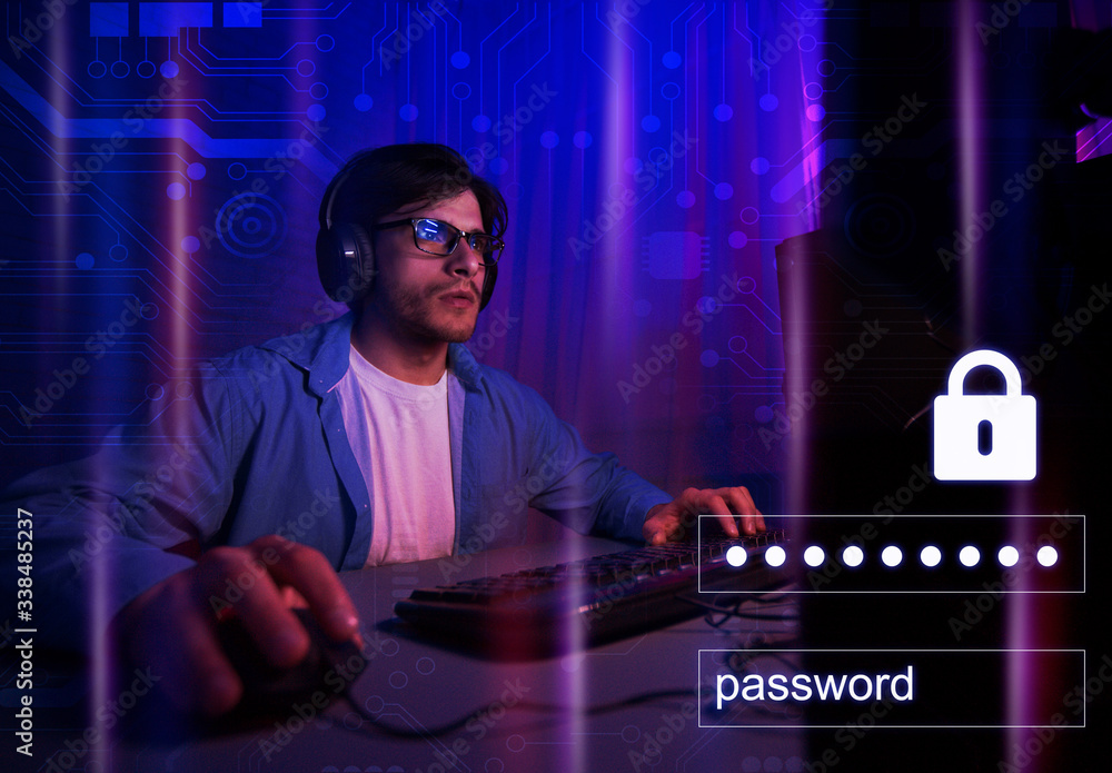 Poster Hacker at computer. Collage with lock and enter the password