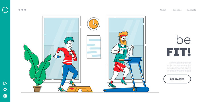 Athletic Young People Exercising to be Fit Landing Page Template. Woman and Man Characters Active Sport Life, Running on Treadmill in Gym. Fitness and Healthy Lifestyle. Linear Vector Illustration