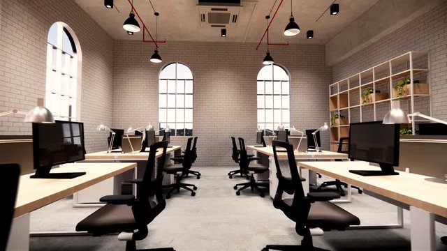 Interior Empty Modern Loft Office open space modern office footage.Modern open concept Lobby and reception area meeting room design.4k .Rendering 3d.
