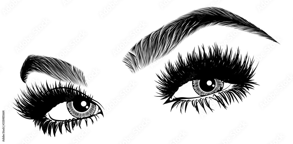 Wall mural Illustration with woman's eyes, eyelashes and eyebrows. Realistic sexy makeup look. Tattoo design. Logo for brow bar or lash salon.