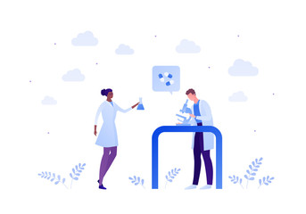 Science chemistry and biotechnology laboratory concept. Vector flat person illustration. Man scientist with microscope and black african american woman with tube. Design for medicine banner, poster