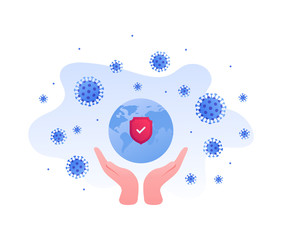 Coronavirus epidemic concept. Vector flat illustration. Human hands holding planet earth with red shield and check mark. Virus symbols. Design element for medicine banner, background, web, infographic