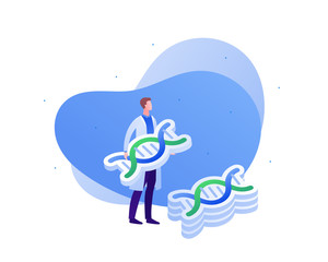 Science genetic laboratory concept. Vector flat person illustration. Man scientist in lab white coat holding blue and green color dna helix symbol on liquid shape. Design for medicine banner, poster
