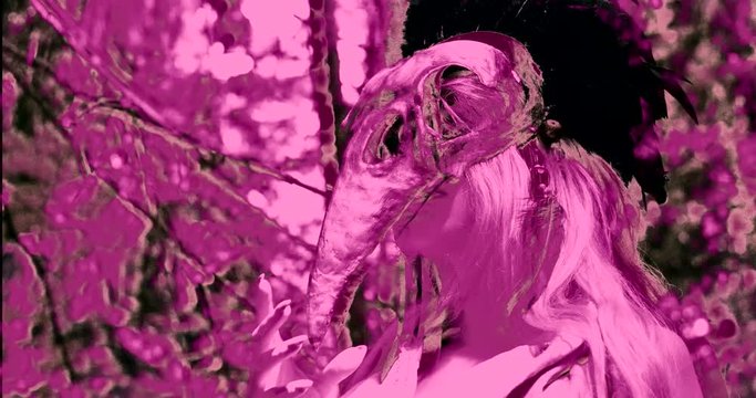 hallucination of wild witch woman with bird skull on face in woods, split image