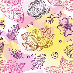 Floral decorative vector seamless pattern with pink and yellow watercolor background