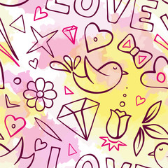 Seamless pattern with shapes of bird, stars, flowers, diamonds, bows, hearts. Love summer wallpaper. Watercolor pink and yellow background