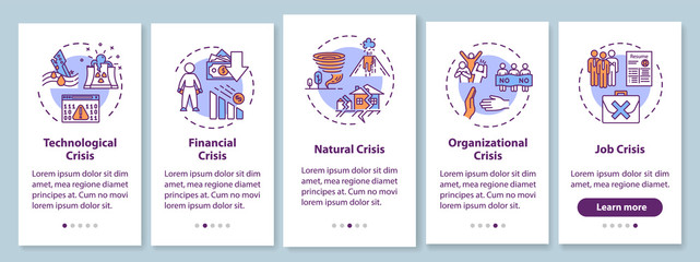 Crysis types onboarding mobile app page screen with concepts. Global disasters, emergency situations walkthrough five steps graphic instructions. UI vector template with RGB color illustrations