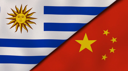 The flags of Uruguay and China. News, reportage, business background. 3d illustration