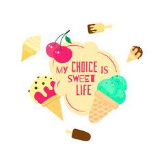 Ice cream print poster emblem with text in speech bubble ,in vector flat style