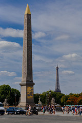 Obraz premium France, Paris, Obelisk and Eiffel Tower, Place de la Concorde - shot July 24, 2015 - ode to Egypt