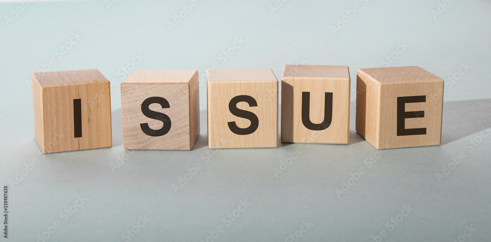Poster the word issue written with cube letters on white gray glossy background