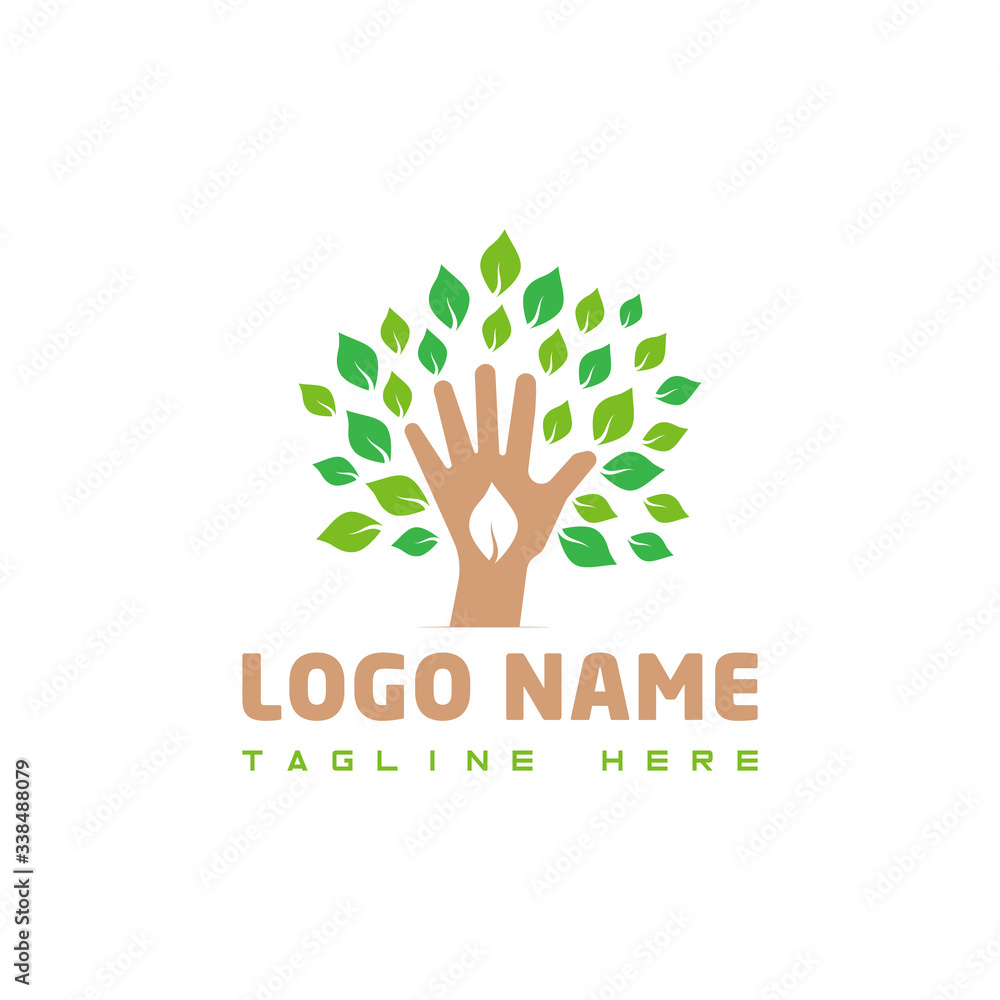 Wall mural hand tree illustration. hand and leaf as a tree vector logo icon design.