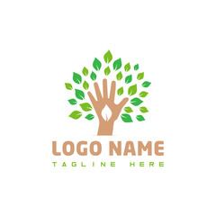 Hand tree illustration. Hand and leaf as a tree vector logo icon design.