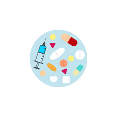 Tablet , capsuls & syringe. Medicine, pharmacy, hospital set of drugs. Medication, pharmaceutics concept. Vector illustration 