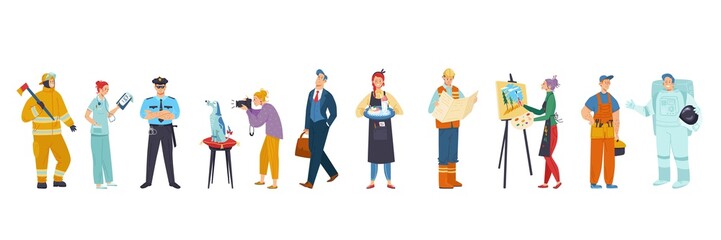 People of different occupations, cartoon characters set of professions, vector illustration. Isolated men, women in work uniform, occupation job career. Businessman, photographer, policeman, waitress