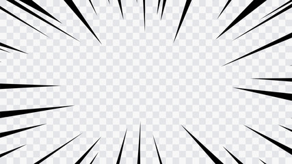 Abstract comic book flash explosion radial lines on transparent background. Vector illustration superhero design. Bright black light strip burst. Flash ray blast glow. Speed lines Manga frame. Anime.