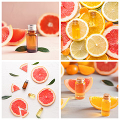 Collage of photos with citrus essential oils