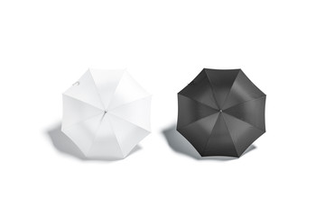 Blank black and white open umbrella mockup lying, backside view