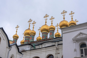 The golden domes of The Patriarch's Palace in Cathedral square of the Moscow Kremlin, Moscow, Russia