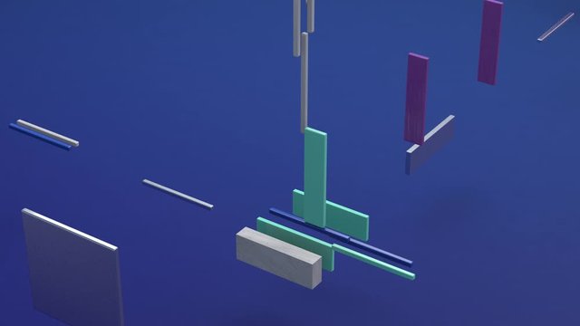 Broken cube. Marble, metallic, plastic rectangles. Abstract animation, 3d render.
