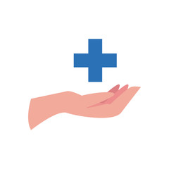 charity donations concept, hand and medical cross icon, flat style