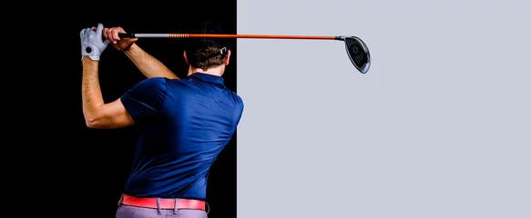 Poster Close-up of a golf player intent on perfecting the swing isolated on black and grey background. Horizontal image for golf banner. © trattieritratti