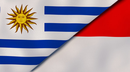 The flags of Uruguay and Indonesia. News, reportage, business background. 3d illustration