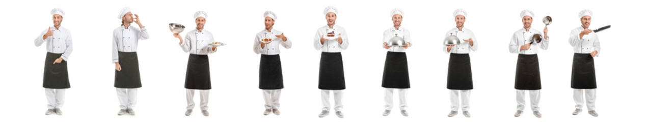 Set with handsome male chef on white background