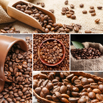 Collage of photos with roasted coffee beans