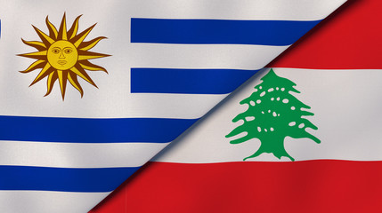 The flags of Uruguay and Lebanon. News, reportage, business background. 3d illustration