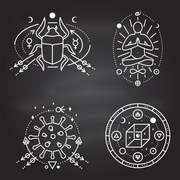 Esoteric symbols. Vector Thin line geometric badge on chalkboard. Outline icon for alchemy, sacred geometry. Mystic, magic design with man in yoga lotus pose, scarab beetlee, coronavirus, cube