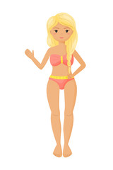Young girl in pink swimsuit isolated on white background. Vector illustration. Great for summer, travel design.