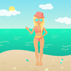 Young girl in a swimsuit, glasses and hat on the beach.  The landscape consists of the sea, sun, clouds, and a sandy beach. Vector illustration. Great for summer, travel design.