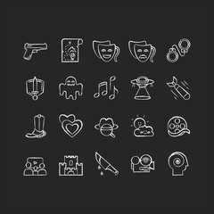 Movie genres chalk white icons set on black background. Cinematography, filmmaking industry, cinema business. Different common film and tv show styles. Isolated vector chalkboard illustrations