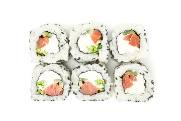 Japanese food. Delicious sushi rolls isolated on white background