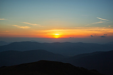 Orange sunset in the Polish mountains