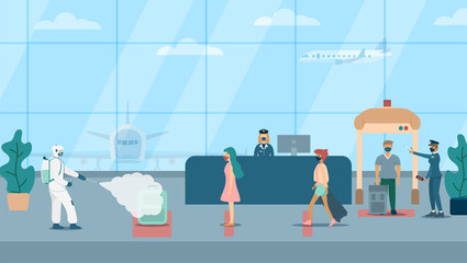 Virus removal personnel to prevent the coronavirus outbreak from passengers across the country.Illustration about the control of coronavirus in the airport