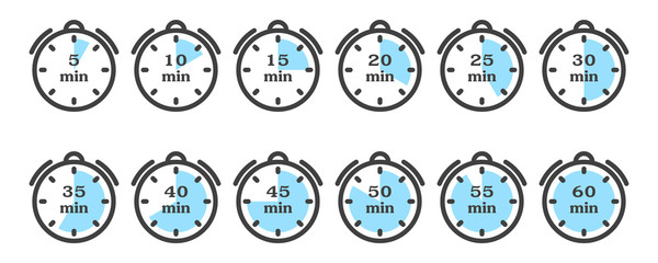 Timer and stopwatch icon set. A minimalistic image of a watch with different variants of minute indicators multiple of five. Isolated vector on a white background.